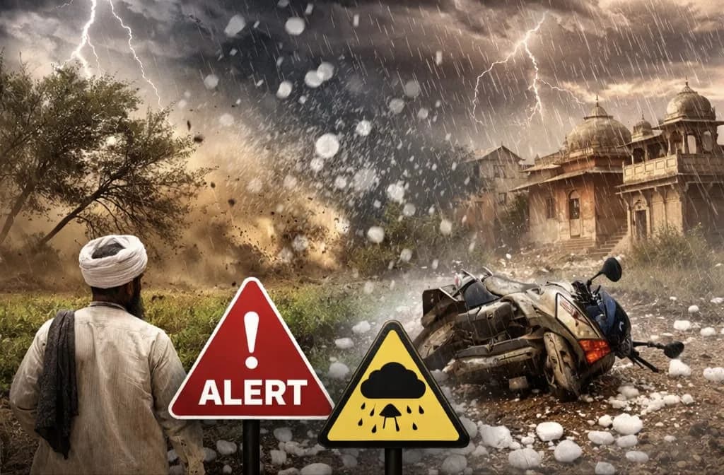 राजस्थान मौसम, आंधी-बारिश अलर्ट, ओलावृष्टि, तापमान गिरावट, वेस्टर्न डिस्टर्बेंस, जयपुर मौसम, मौसम अपडेट